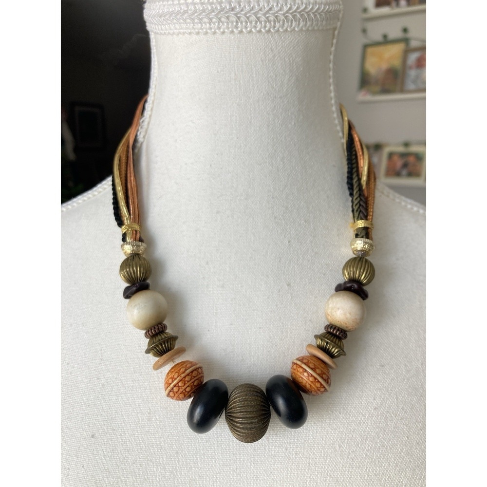 Tribal Style Beaded Collar Necklace Multi Cord Earth Tone Chunky Statement